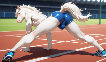 anthro arena athletic athletic_male bent_over blue_clothing blue_eyes bottomwear bulge butt clothed clothing fur gym_bottomwear gym_clothing gym_shorts looking_back male presenting presenting_hindquarters running_track shorts solo spread_legs spreading stretching tail topless topless_male triceps white_body white_fur lockedhorse equid equine horse mammal hi_res