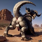 all_fours anthro anus balls butt cloak_only clothed clothing genitals half-erect humanoid_genitalia humanoid_penis looking_at_viewer male penis presenting presenting_hindquarters raised_tail rear_view sand solo yetanotheraiuser goris deathclaw monster reptile scalie