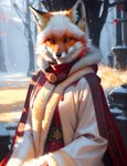 anthro black_nose canid canine clothing female fox fur icefoxai mammal multicolored_body multicolored_fur orange_body orange_eyes orange_fur plant red_body red_fur robe solo tree whiskers white_body white_fur