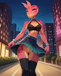 <3 <3_eyes antennae_(anatomy) anthro bottomwear bracelet breasts city cleavage clothed clothing clothing_lift collar crop_top face_tentacles female genitals jewelry legwear looking_at_viewer markings medium_breasts navel night pussy red_body red_eyes red_skin shirt skirt skirt_lift slim solo spiked_collar spikes street tentacles thigh_highs topwear walking yellow_sclera sagrael miu_(beautysnake) cephalopod coleoid cuttlefish decapodiform marine mollusk absurd_res hi_res