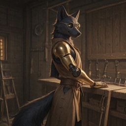 anthro belt black_body black_fur clothed clothing detailed_lighting eyewear fully_clothed fur glasses leather leather_clothing male prosthetic prosthetic_arm prosthetic_limb smile smiling_at_viewer solo window window_light workbench workshop yellow_eyes hokmuto seisho_(hokmuto) canid canine fox mammal