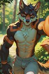 abs anthro athletic athletic_anthro athletic_male bedroom_eyes biceps black_body black_fur bulge claws clothing confident depth_of_field detailed_background forest fur hair looking_at_viewer male markings muscular narrowed_eyes navel nipples orange_eyes orange_markings outside pecs plant seductive smile smirk smirking_at_viewer solo sweatpants trail tree tribal tribal_markings walking whisker_spots white_body fenrann canid canine canis mammal wolf 2:3 absurd_res colored detailed digital_media_(artwork) half-length_portrait hi_res portrait shaded