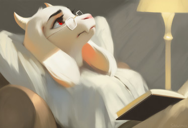anthro black_eyebrows book clothed_female eyebrows eyewear floppy_ears furniture glasses hands_behind_head horn lamp looking_up lying male on_back pink_nose red_eyes side_view simple_background sofa solo thinking white_blouse sawmill undertale_(series) toriel painting_(artwork) signature traditional_media_(artwork)