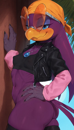 anthro bandanna beak belly big_butt blue_eyes blush butt chest_tuft choker claws clothing crop_top day eyelashes eyeshadow eyewear female glasses hand_on_hip hand_on_wall jacket jewelry kerchief leather leather_clothing leather_jacket leather_topwear legwear makeup navel necklace nipple_outline outside pendant shirt sleeves slim_female smile solo standing thick_thighs thigh_highs topwear tuft chamir136_(director) wave_the_swallow avian humanoid hi_res