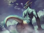 anthro anus blue_body blue_scales breath butt female genitals hi_res horn hot_spring looking_at_viewer looking_back looking_back_at_viewer multicolored_body outside presenting presenting_hindquarters pussy raised_tail rear_view scales scalie sky solo squamous steam two_tone_body water