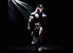 abs andromorph anthro bara bottomwear clothing dark_body dark_fur darkness fur glowing glowing_eyes intersex loincloth loincloth_only male muscular muscular_male pecs silk solo walking kludgecopter_(director) canid canine canis mammal wolf animated hi_res webm