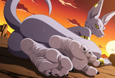 anthro bodily_fluids bracelet butt ear_piercing ear_ring feet foot_fetish foot_focus hairless jewelry looking_at_viewer male nude piercing purple_body purple_skin raised_tail ring_piercing smile solo sweat fuealahomg dragon_ball dragon_ball_super beerus domestic_cat felid feline felis hairless_cat mammal sphynx_(cat) absurd_res hi_res