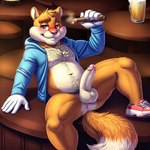 absurd_res anthro anus balls belly blush body_hair chest_hair cigar clothing conker dipstick_tail footwear genitals hi_res hoodie male mammal markings nipples pecs penis pup_tobey rodent sciurid shoes sneakers solo tail_markings topwear tree_squirrel