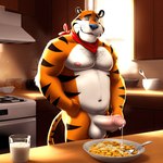 absurd_res anthro balls felid food food_fetish food_play genitals hi_res humor kitchen male mammal mascot nipples pantherine pecs penis pup_tobey solo tiger tony_the_tiger