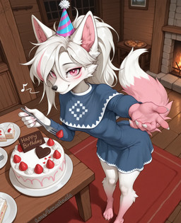anthro blue_clothing blue_dress cake carpet clothing cutlery dessert dress female fireplace food fork holding_object inside kitchen_utensils reaching_towards_viewer smile solo standing tools djar17 yoki_j_(yj) canid canine fox mammal absurd_res hi_res