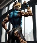 anthro athletic athletic_anthro butt cheetah clothing felid feline fur hi_res male mammal muscular pose solo spandex spots spotted_body spotted_fur tight_clothing window