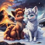 alolan_form alolan_vulpix blush canid duo female female/female feral fire generation_1_pokemon genitals ice lava looking_at_viewer mammal pokemon pokemon_(species) pussy regional_form_(pokemon) sitting smile snow snowing venisoncreampie volcano vulpix