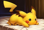 animal_genitalia balls bed black_eyes black_nose feet feral fully_sheathed fur furniture genitals hands_forward looking_at_viewer male on_bed prone sheath solo tuft yellow_body yellow_fur jomisa nintendo pokemon generation_1_pokemon pikachu pokemon_(species)