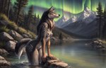 anthro areola aurora_borealis breasts canid canine canis detailed detailed_background detailed_fur female forest forest_background leaning leaning_forward looking_away mammal markings mountains nature nature_background neck_tuft nipples nude outdoors plant river rock snow_on_mountains solo standing standing_in_water tree tribal tribal_markings tuft water_drops wolf wolfik