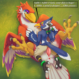 anal anthro anthro_on_feral anus bestiality duo feral genitals looking_at_another looking_at_partner looking_pleasured male male/male moan moaning nude outside penis sex slit talons text text_box lightning7 nintendo the_legend_of_zelda crimson_loftwing revali avian loftwing rito absurd_res hi_res
