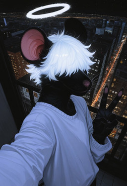 anthro balcony big_ears black_body black_fur city city_background clothed clothing fur gesture glowing glowing_hair hair hair_over_eyes halo male messy_hair night pink_nose selfie short_hair smile solo standing v_sign whiskers white_hair kbi humanoid mammal murid murine rat rodent 2025 hi_res