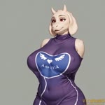 anthro armwear big_breasts breasts clothing covered_nipples curvaceous curvy_figure dancing female hands_behind_back huge_breasts mature_female simple_background smile solo teasing tight_dress translucent translucent_clothing voluptuous wide_hips vlrgromns undertale_(series) toriel bovid caprine goat mammal animated webm