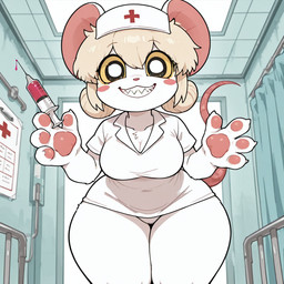4_fingers anthro bent_over blonde_hair blush blush_stickers bottomwear clothing female fingers grin hair holding_object hospital looking_at_viewer looking_down_at_viewer low-angle_view mouse_tail nurse_outfit panties pawpads sharp_teeth skirt smile solo syringe teeth thick_thighs tight_clothing underwear white_bottomwear white_clothing white_panties white_skirt white_underwear wide_hips lucasauditore lorna_(terrible_mouse) hi_res