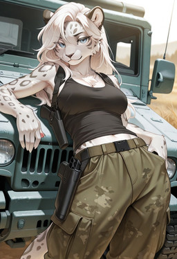 anthro big_breasts blue_eyes bottomwear breasts camo camo_bottomwear camo_clothing camo_pants camo_print cheek_tuft chest_tuft clothed clothing day facial_tuft female fur grey_body grey_fur gun hair hand_in_pocket holster jeep leaning leaning_back looking_at_viewer midriff outside pants pattern_bottomwear pattern_clothing pattern_pants pockets pose prompt ranged_weapon shirt solo standing tank_top topwear tuft vehicle weapon white_body white_fur white_hair felid leopard mammal pantherine alternate_version_at_source hi_res portrait three-quarter_portrait