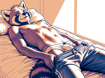 anthro bottomwear bottomwear_down clothed clothing dark_acheron looking_at_viewer male pants pants_down partially_clothed solo topless underwear undressing ailurid mammal red_panda