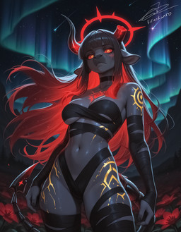anthro black_body black_hair breasts clothed clothing detailed_background female fingers hair horn long_hair looking_at_viewer navel night outside plant red_hair sky solo standing star starry_sky under_boob kirinokanro arachnid arthropod bovid bovine cattle demon hybrid mammal scorpion hi_res shaded