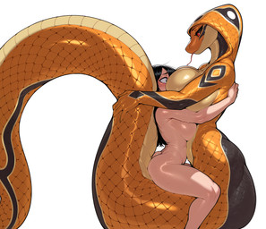 anthro apode big_breasts black_body black_eyes black_hair black_scales black_sclera bodily_fluids breasts duo embrace female hair hug huge_breasts large_breasts legless looking_at_another markings nervous nude red_eyes scales serpentine simple_background sitting smile snake_hood sweat tail_wrapped tongue tongue_out white_background yellow_body yellow_scales ahogagu cobra draconcopode human mammal naga reptile scalie snake hi_res