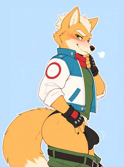 anthro bandanna bedroom_eyes black_nails blonde_hair blue_background blush bottomwear bottomwear_down breath bubble_butt bulge butt clothed clothing colored_nails dipstick_tail fingerless_gloves fur gloves hair hand_on_leg hand_on_thigh handwear jacket kerchief looking_at_viewer male markings multicolored_body multicolored_fur nails narrowed_eyes outline pants pants_down partially_clothed rolled_up_sleeves seductive shirt side_view simple_background smile solo tail_markings tan_body tan_fur thong topwear two_tone_body two_tone_fur underwear white_outline yellow_body yellow_fur promagentis nintendo star_fox fox_mccloud canid canine fox mammal hi_res portrait three-quarter_portrait