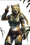 2023 anthro armor belt big_breasts blonde_hair braided_hair breasts bulge clothed clothing felid fur furtasticv20_(model) gauntlets gesture gloves gynomorph hair handwear hi_res intersex khajiit legwear mammal navel panties pauldron rodinsinker skyrim smile striped_body striped_fur stripes the_elder_scrolls thick_thighs thigh_highs tongue unconvincing_armor underwear v_sign whiskers yellow_body yellow_eyes yellow_fur