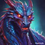 anthro blue_background blue_body glowing glowing_eyes glowing_tongue grey_teeth horn male red_eyes red_horn red_tongue sharp_teeth simple_background solo teeth tongue wings cow_of_fire dragon 1:1