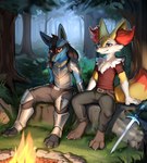 anotherarcticfox anthro armor belt bottomwear braixen campfire clothing digitigrade duo generation_4_pokemon generation_6_pokemon hi_res lucario male melee_weapon neck_tuft pants pokemon_(species) sitting sword tuft weapon