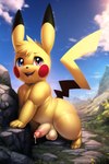 balls bodily_fluids cum ears_up generation_1_pokemon genital_fluids genitals head_tuft hi_res leaking leaking_cum male open_mouth outdoors outside penis pikachu pokemon_(species) red_cheeks semi-anthro sergalbutt short_stack slightly_chubby smile solo tuft