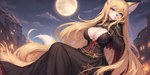 anthro ayegibarb big_breasts black_clothing black_dress blonde_hair blue_eyes breasts building canid canine cleavage clothed clothing cloud dress female fox fur gloves hair handwear hi_res long_hair mammal moon night night_sky seductive solo yellow_body yellow_fur