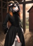 ambiguous_gender anthro balls barn black_clothing black_dress black_hair blue_eyes bovid caprine clothing dress genitals girly goat hair hands_on_hips hay hi_res horn icefoxai long_hair male mammal open_mouth orange_hair penis pink_nose solo white_ears