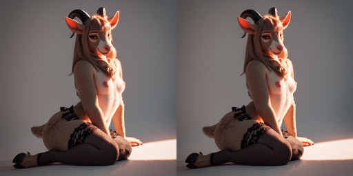 anthro black_clothing black_legwear blonde_hair breasts clothing female hair hooves horn lace legwear medium_hair sitting small_breasts solo thigh_highs unknown_director bovid caprine goat mammal hi_res stereogram