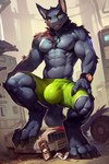 abs anthro biceps big_bulge big_claws big_muscles bottomwear bulge claws clock clothing crouching detailed_background digitigrade fluffy_fur fur green_bottomwear green_clothing green_shorts junkyard macro male muscular muscular_male pecs shorts solo tight_clothing toe_claws watch wristwatch yellow_eyes yellow_sclera agreenfish dragon furred_dragon hi_res