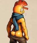 anthro bottomwear bottomwear_down butt clothing generation_5_pokemon grin hi_res male nikol-ai pokemon_(species) presenting presenting_hindquarters scarf scrafty smile solo toony