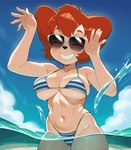 anthro beach big_breasts bikini black_nose blush blush_lines breasts cleavage cleavage_overflow clothed clothing detailed_background disney eyes_closed eyewear female gesture glistening goof_troop hair navel partially_submerged pattern_bikini pattern_clothing pattern_swimwear red_hair seaside short_hair smile solo splash striped_bikini striped_clothing striped_swimwear stripes sunglasses swimwear teeth triangle_bikini waving cloud9999 peg_pete canid canine canis domestic_dog mammal hi_res portrait three-quarter_portrait