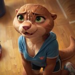 after_sex anthro blouse blush bodily_fluids bottomwear breasts cleavage clothed clothing cum cum_on_face disney female footwear genital_fluids gym_bottomwear gym_clothing gym_shorts kneeling looking_at_viewer open_mouth shoes shorts sneakers solo topwear whiskers wood_floor anonymous_director zootopia mrs._otterton_(zootopia) lutrine mammal mustelid