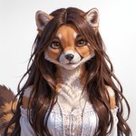 ai_tagging_(redrocket) anthro black_nose breasts brown_body brown_eyes brown_hair chest_tuft clothed clothing female front_view fur hair inner_ear_fluff long_hair looking_at_viewer neck_tuft orange_body orange_eyes orange_fur shirt simple_background smile solo topwear tuft waianinsfwponyxl_(model) whiskers white_background white_body white_clothing white_fur director_crashbandit ailurid felid hybrid mammal procyonid raccoon red_panda tail bust_portrait half-length_portrait hi_res portrait