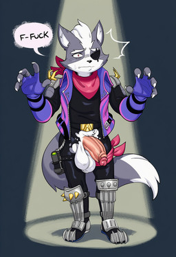 anthro balls bodily_fluids bottomwear clothed clothing dialogue erection eye_patch eyewear footwear fur genitals gloves grey_body grey_fur handwear humanoid_genitalia humanoid_penis male penis solo speech_bubble sweat text topwear torn_clothing hellsonger nintendo star_fox wolf_o'donnell canid canine canis mammal wolf 2025 english_text hi_res