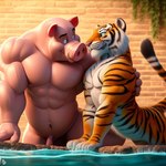 abs anthro brick domestic_pig duo felid flaccid genitals male male/male mammal muscular navel pantherine penis plant smile suid suina sus_(pig) tiger wall_(structure) water zidanes123