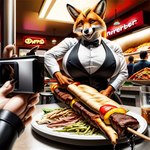 anthro big_breasts black_tie_(suit) breasts camera canid canine clothing crowd doner_kebap fast_food female food fox group mammal niko restaurant reyneke solo suit