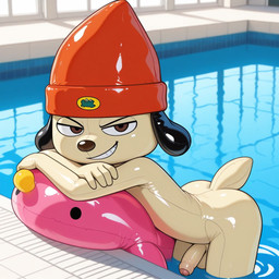 anthro balls beanie butt clothing foreskin genitals glans glistening half-erect hat hat_only headgear headgear_only headwear headwear_only humanoid_genitalia humanoid_penis indoor_pool inflatable inside latex leaning leaning_forward looking_at_viewer male mostly_nude nude nude_male partially_retracted_foreskin partially_submerged penis pool pool_toy poolside smile smirk smirking_at_viewer solo tail video_games water window boxen549 parappa_the_rapper sony_corporation sony_interactive_entertainment parappa animate_inanimate canid canine canis domestic_dog living_inflatable mammal