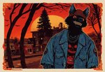 anthro bared_teeth beanie black_body black_fur city city_background clothing dusk ear_piercing fur hat headgear headwear jacket looking_at_viewer male moon nightmare_fuel piercing plant red_eyes red_sky sky solo topwear tree lezzy avian bird canid canine canis mammal wolf