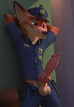 against_surface against_wall animal_genitalia animal_penis anthro balls big_balls big_knot big_penis black_nose bottomwear canine_genitalia canine_penis clothed clothing disney erection fluffy_ears fur genitals green_eyes hands_behind_head heavy_balls knot long_penis looking_at_genitalia looking_at_penis male open_bottomwear open_clothing open_pants orange_body orange_fur pants penis police police_badge police_hat police_uniform saggy_balls sheath smile solo standing tan_balls thick_penis uniform vein veiny_knot veiny_penis ratori zootopia nick_wilde canid canine fox mammal hi_res