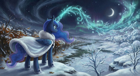 aurora_borealis autumn_leaves blue_body blue_hair clothed clothing crescent_moon crown detailed_background elemental_manipulation ethereal_hair ethereal_tail expressionless eyeshadow feathered_wings feathers female feral fur_trim glowing glowing_horn hair horn ice_manipulation jewelry leaf magic makeup moon mountains night outside plant side_view snow snow_on_branches snow_on_ground snowflake solo star teal_eyes tree water white_clothing wings winter winter_background winter_clothing winter_coat tyto4tme4l friendship_is_magic my_little_pony princess_luna_(mlp) equid equine horse mammal pony winged_unicorn hi_res