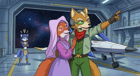 <3 <3_eyes anthro arwing blue_body blue_fur female fur gesture group headgear headphones headset male male/female medieval_clothing orange_body orange_fur pointing science_fiction space spacecraft_interior spaceship tribal_outfit tribal_skirt stephanie_raccoon disney nintendo star_fox fox_mccloud krystal_(star_fox) maid_marian canid canine fox mammal hi_res