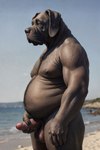 anthro balls beach_background belly black_body black_fur blue_sky blurred_background body_hair chest_hair day dewlap_(anatomy) foreskin fur genitals grey_body grey_fur hand_on_penis happy_trail humanoid_genitalia humanoid_penis jowls male nipples nude outdoor_nudity outdoors overweight overweight_anthro overweight_male penis realistic side_view sky solo splice canid canine canis domestic_dog mammal mastiff molosser absurd_res detailed hi_res portrait three-quarter_portrait