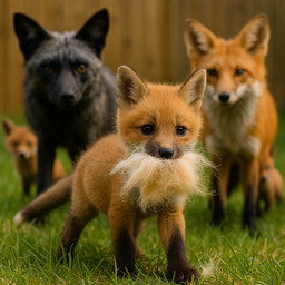 ambiguous_gender anatomically_correct baby backyard black_body black_fur black_nose blurred_background brown_eyes brown_legs family female fence feral fur grass group male orange_body orange_fur outside plant red_body red_fur shedding yard young whatshisnuts canid canine fox mammal red_fox silver_fox