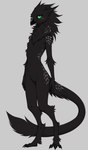 anthro avian beak bird black_body breasts claws crotch_tuft digitigrade female green_eyes hair hi_res hybrid long_tail looking_at_viewer messy_hair neck_tuft no_sclera oldhroft shadow_(oldhroft) slim small_breasts solo spots spotted_body standing tail_tuft tuft velari